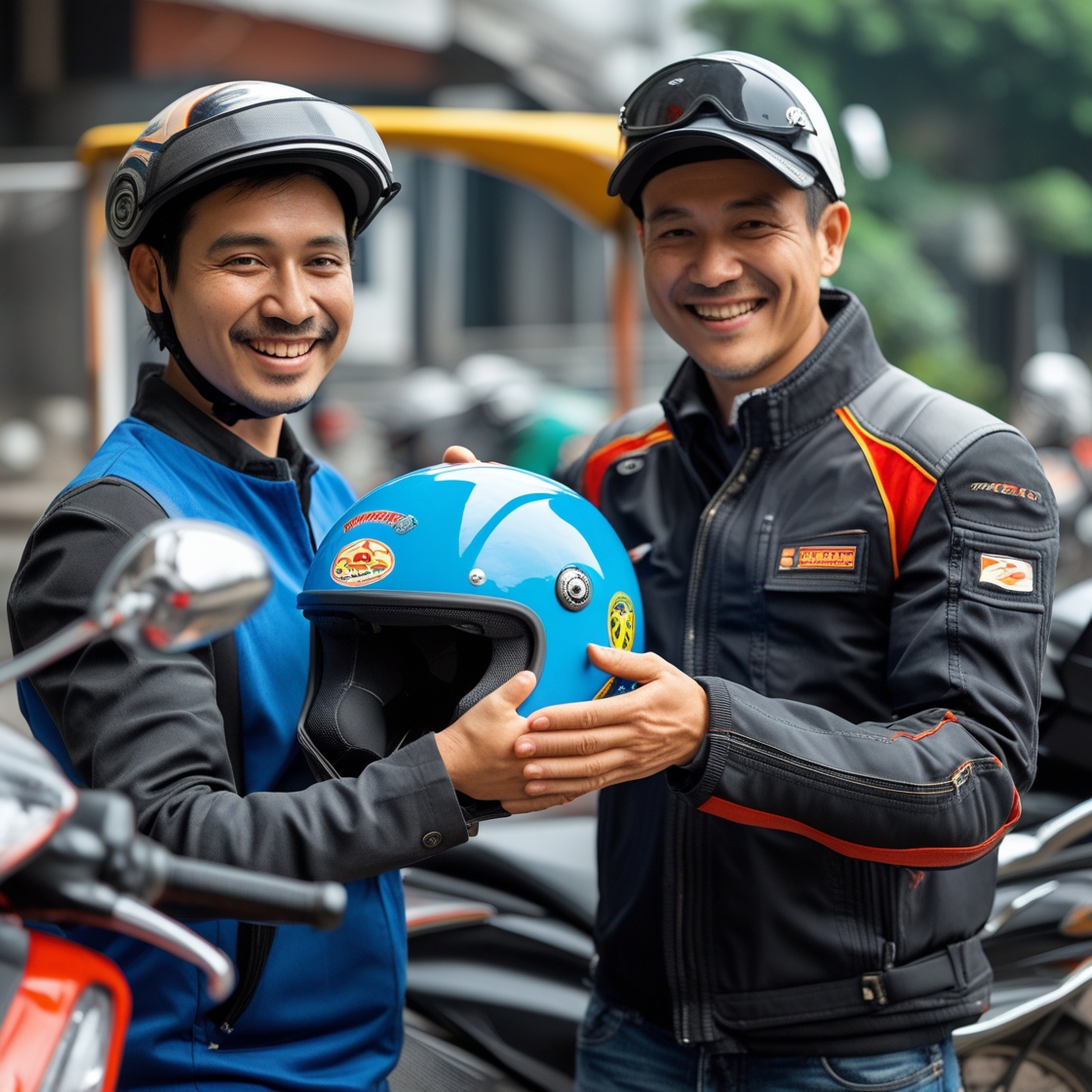 A rider handing a helmet to a passenger, both smiling, with a motorcycle in the background